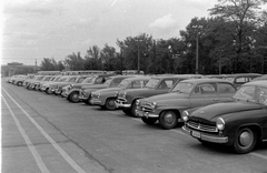 Magyarország, Városliget, Budapest XIV., Ötvenhatosok tere (Felvonulási tér), parkoló a Budapesti Ipari Vásár idején., 1960, Magyar Rendőr, utcakép, Skoda-márka, Moszkvics-márka, Wartburg-márka, parkoló, Skoda Octavia, Wartburg 311/312, rendszám, Budapest, Moszkvics 402, automobil, Fortepan #67372