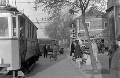 Magyarország, Budapest XIII., Lehel utca, villamosmegálló a Dózsa György úti kereszteződésnél., 1960, Magyar Rendőr, forgalom, jelzőlámpa, villamos, trolibusz, pad, jelzőtábla, villamosmegálló, Budapest, viszonylatszám, Fortepan #67416