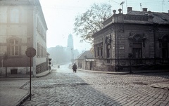 Szlovákia, Losonc, ulica Jána Amosa Komenského az ulica Doktora Herza kereszteződésétől az evangélikus templom felé nézve., 1966, Zsanda Zsolt, Vajszada Károly, Csehszlovákia, színes, utcakép, Fortepan #70062