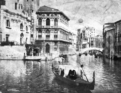 Olaszország, Velence, Canal Grande, szemben a Canale di Cannaregio, balra a Chiesa di San Geremia., 1900, Teodoro Wolf-Ferrari, templom, gondola, csatorna, orrdísz, Fortepan #70475