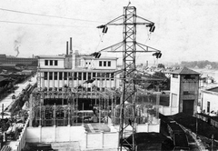 Hungary, Budapest XIII., Kárpát utca 30-32. ELMŰ Kőtéri alállomása, balra a Kárpát utca, jobbra a Margitsziget., 1930, Szőke Annamária/Anonime, electricity, transformer, power line, Budapest, train, coal, Fortepan #70638