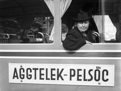 Magyarország, Mávag-Mercedes gyártmányú autóbusz Jósfavő-Aggtelek (ekkor Szin) vasútállomásnál., 1940, Lissák Tivadar, autóbusz, magyar gyártmány, MÁVAG-márka, MÁVAG-Mercedes-Benz, viszonylattábla, MÁVAG N1, lányok-járművek, Fortepan #71394