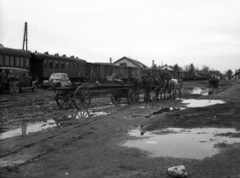 Horvátország, Pélmonostor, (ekkor Baranyavár-Pélmonostor), vasútállomás., 1941, Lissák Tivadar, vasút, ló, szekér, pocsolya, Ford-márka, fogat, vasúti szerelvény, vasútállomás, sár, automobil, Ford V8, Fortepan #71592