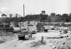 Magyarország, Budapest XI., Kopaszi gát, a Duna alatti járható kábelalagút építési területe., 1941, Lissák Tivadar, vasút, építkezés, vasúti szerelvény, talicska, villanymozdony, vasbeton, MÁV V40 sorozat, Budapest, Fortepan #71666