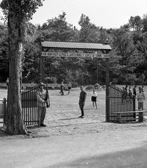 Magyarország,Balaton, Tihany, Gödrös, a honvédség központi gépkocsi javító műhelyének tanonc tábora., 1943, Lissák Tivadar, felirat, kapu, katonaság, rohamsisak, katona, tábor, őr, tábla, Fortepan #72344