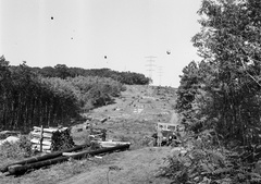 Magyarország, Máriabesnyő, Gödöllő, távvezeték építése a település határában., 1943, Lissák Tivadar, építkezés, teherautó, látkép, farakás, távvezeték, Fortepan #72544