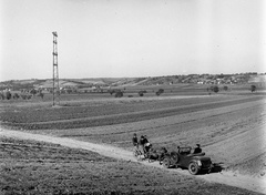 Magyarország, Domony, a község külterülete Iklad felé nézve., 1943, Lissák Tivadar, Fiat-márka, olasz gyártmány, fogat, látkép, automobil, Fiat 508 Balilla, távvezeték, Fortepan #72572