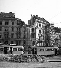 Hungary, Budapest VII., Baross tér, szemben a 20-21. számú ház., 1944, Lissák Tivadar, war damage, bombing, tram, scaffolding, Budapest, Fortepan #72731