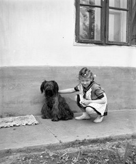 1946, Lissák Tivadar, dog, girl, window, squatting, Fortepan #73005