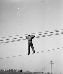 Magyarország, Lőrinci, a felvétel a város déli határánál készült., 1948, Lissák Tivadar, látkép, férfi, villamosság, munkavédelem, távvezeték, Fortepan #73056