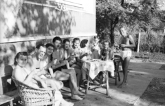 1954, Pálfi Balázs, auto siphon, bathing suit, wicker chair, tableau, drinking, Fortepan #73478