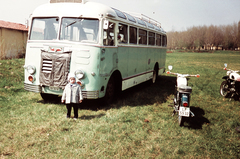 Magyarország, Baja, Petőfi-sziget., 1965, Márton Gábor, színes, autóbusz, motorkerékpár, magyar gyártmány, Ikarus-márka, trófea, gyerek, MZ-márka, rendszám, Ikarus 30, Fortepan #73575