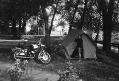 Hungary, Baja, Petőfi-sziget., 1971, Márton Gábor, motorcycle, Hungarian brand, Csepel-brand, tent, Fortepan #73595