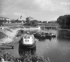 Magyarország, Baja, távolban a Páduai Szent Antal-templom tornya, szemben az 1982-ben felrobbantott szigeti híd., 1962, Márton Gábor, Fortepan #73664