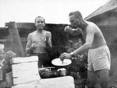 1950, Fortepan, meal, smile, men, half-naked, shorts, tasting, lid, pot, Fortepan #7374