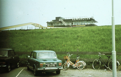 Netherlands, Delfzilj, Eemshotel., 1969, Romák Éva, bicycle, colorful, hotel, French brand, automobile, number plate, Simca-brand, DAF-brand, Dutch brand, country code sign, Fortepan #73783