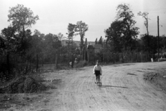 Hungary, Piliscsaba, Bajcsy-Zsilinszky út (Csévi utca) a vasúti aluljárónál. Háttérben a Vasút utca torkolatánál lévő ház látszik., 1940, Rosta László, portrait, kid, wheelbarrow, road, Fortepan #74282