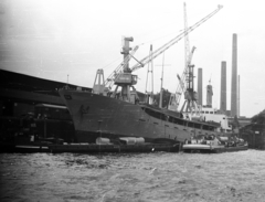 Németország, Hamburg, kikötő., 1965, Romák Éva, hajó, kikötő, NSZK, teherhajó, Lohengrin/Zwartkops/Shearwater Bay/Shelf Explorer/Transocean Shelf Explorer-hajó, Fortepan #74345