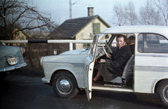 1965, Romák Éva, colorful, Gerrman brand, Trabant-brand, rear-view mirror, steering wheel, number plate, Fortepan #74393