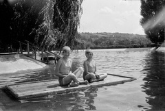 1930, Romák Éva, beach, kids, swimming cap, cross-legged sitting, Fortepan #74766