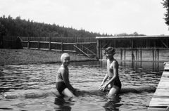 1930, Romák Éva, beach, bathing, girl, wide sitting, Fortepan #74799