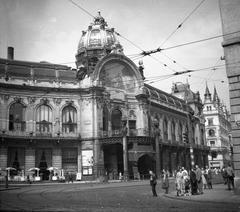 Csehország, Prága, Új városháza., 1960, Romák Éva, Csehszlovákia, utcakép, szecesszió, középület, mozaik, kupola, Art Nouveau, Antonín Balšánek-terv, Osvald Polívka-terv, Karel Špillar-terv, Fortepan #74974