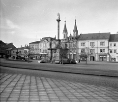 Csehország, Kroměříž, Fő tér, háttérben a Szent Móric-templom tornyai., 1960, Romák Éva, Csehszlovákia, szökőkút, barokk-stílus, Fortepan #74981