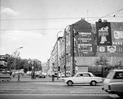 Hungary, Budapest V., Bajcsy-Zsilinszky út, szemben a József Attila utca., 1971, Romák Éva, ad, neon sign, Orion-brand, Budapest, crosswalk, traffic, Fortepan #75039