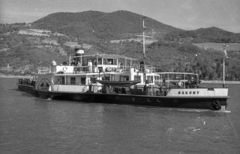 Románia,Szerbia, Al-Duna, Orsova, Bakony vontatóhajó., 1961, Drobni Nándor, Droppa Kálmán, hajó, folyó, víztükör, folyópart, gőzhajó, lapátkerekes hajó, Bakony-hajó, Fortepan #75134