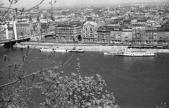 Magyarország, Budapest, pesti látkép a Gellérthegyről, a Belgrád rakpart az Erzsébet híd és a Szabadság híd között., 1972, Drobni Nándor, Droppa Kálmán, hajó, látkép, gőzhajó, Duna, lapátkerekes hajó, szárnyas hajó, függőhíd, Duna-híd, Sávoly Pál-terv, Fortepan #75196