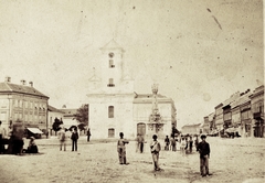 Serbia, Novi Sad, Trg Slobode (eredetileg Ferenc József tér, késöbb Országzászló tér), az 1892-ben lebontott katolikus templom. Ma a Szűz Mária Szent Neve-templom (Crkva imena Marijinog) áll a helyén. A felvétel 1892 előtt készült., 1900, Rosta László, church, Holy Trinity Statue, Fortepan #75320