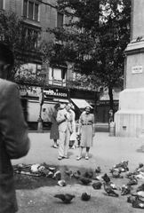 Magyarország, Budapest V., Ferenciek tere, háttérben a Kossuth Lajos utca és a Városház utca torkolata, 1939, Kiss Ádám László, buszmegálló, emberpár, galamb, utcanévtábla, Salamander, Budapest, Fortepan #75360