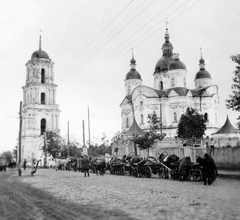 Ukrajna, Kozelec, a Mária születése templom és a harangtorony, 1942, Teller Ferenc, Gergelyi Béla, második világháború, fogat, Fortepan #75410