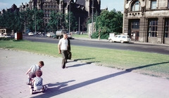 Germany, Leipzig, Harkortstrasse, háttérben az Új városháza., 1969, Kristek Pál, colorful, tram, historicism, GDR, public building, Hugo Licht-design, traffic, Fortepan #75568