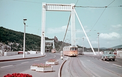 Magyarország, Budapest V., Erzsébet híd, pesti hídfő., 1970, Kristek Pál, színes, híd, Ikarus-márka, villamos, lámpaoszlop, Ganz UV, FVV CSM-2/CSM-4, Sávoly Pál-terv, Budapest, Fortepan #75625