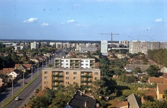 Magyarország, Nyíregyháza, kilátás a KEMÉV (Kelet-magyarországi Közmű és Mélyépítő Vállalat) épülete felől a Mező utca felé., 1979, Fülöp Imre, színes, látkép, toronydaru, Fortepan #75795