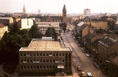 Magyarország, Nyíregyháza, kilátás az épülő művelődési háztól a Kossuth tér felé., 1979, Fülöp Imre, színes, madártávlat, templom, Fortepan #75800