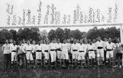 Austria, Eisenstadt, Császári és Királyi Katonai Főreáliskola (később Martin Kaszárnya), sportpálya., 1912, Péchy László, football, tableau, soccer team, cadet, hands behind the back, akimbo, arms crossed over the chest, label, Fortepan #75972