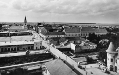 Ukrajna,Kárpátalja, Beregszász, kilátás a Rákóczi téren álló katolikus templom tornyából a Hősök tere (Piac tér), és a református templom felé., 1940, Fortepan, templom, Besenszky Gyula-terv, Fortepan #76057