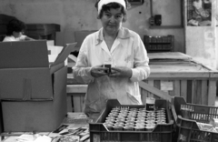 Hungary, Kecskemét, Kecskeméti Konzervgyár., 1985, Erdei Katalin, worker, factory, woman, working woman, tin can, crate, tin can factory, Fortepan #76080