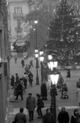 Hungary, Budapest V., Váci utca, szemben a Vörösmarty tér., 1985, Erdei Katalin, Christmas, winter, light, lamp post, Csemege enterprise, neon sign, Budapest, Fortepan #76081