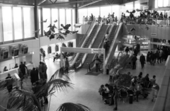 Hungary, Ferihegy (now - Ferenc Liszt) International Airport, Budapest XVIII., 2-es terminál., 1985, Erdei Katalin, phone booth, airport, moving escalator, Budapest, Fortepan #76082