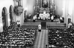 Magyarország, Budapest XI., Villányi út, Szent Imre templom., 1955, PRL, pap, barokk-stílus, ministráns, szószék, oltár, liturgia, templombelső, Budapest, Fortepan #76207