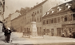 Croatia, Zagreb, Mesnička ulica az Ilica felől nézve. Szemben Andrija Kačić Miošić horvát költő és szerzetes szobra., 1903, Fortepan, flag, label, sculpture, street view, Andrija Kačić Miošić-portrayal, Ivan Rendić-design, Fortepan #76296