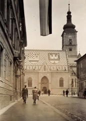 Croatia, Zagreb, Cirilometodska ulica, szemben a Crkva Sv. Marka (Szent Márk templom)., 1903, Fortepan, church, flag, street view, crest, Fortepan #76298