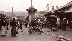 Bosnia and Herzegovina, Sarajevo, Bascarsija, középen a Sebilj kút., 1903, Fortepan, street view, genre painting, ad pillar, cart, bazaar, Fortepan #76316