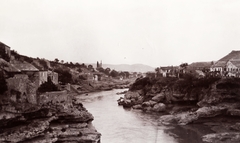 Bosznia-Hercegovina, Mostar, látkép az Öreg hídról (Stari most) nézve., 1903, Fortepan, folyó, víztükör, látkép, folyópart, minaret, Fortepan #76341