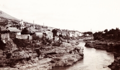 Bosznia-Hercegovina, Mostar, a város látképe., 1903, Fortepan, folyó, víztükör, látkép, folyópart, minaret, Fortepan #76343