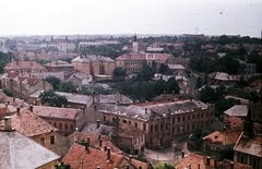 Magyarország, Veszprém, kilátás a Tűztoronyból a Bem József utca felé, előtérben a Ranolder János (Béke) tér., 1966, Herth Viktória dr, Bodó Emma, színes, városkép, kilátás, Fortepan #76479