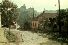 Magyarország, Veszprém, Céhház utca a Benedek-hegy és vár felé nézve., 1966, Herth Viktória dr, Bodó Emma, színes, utcakép, villanyoszlop, Fortepan #76486